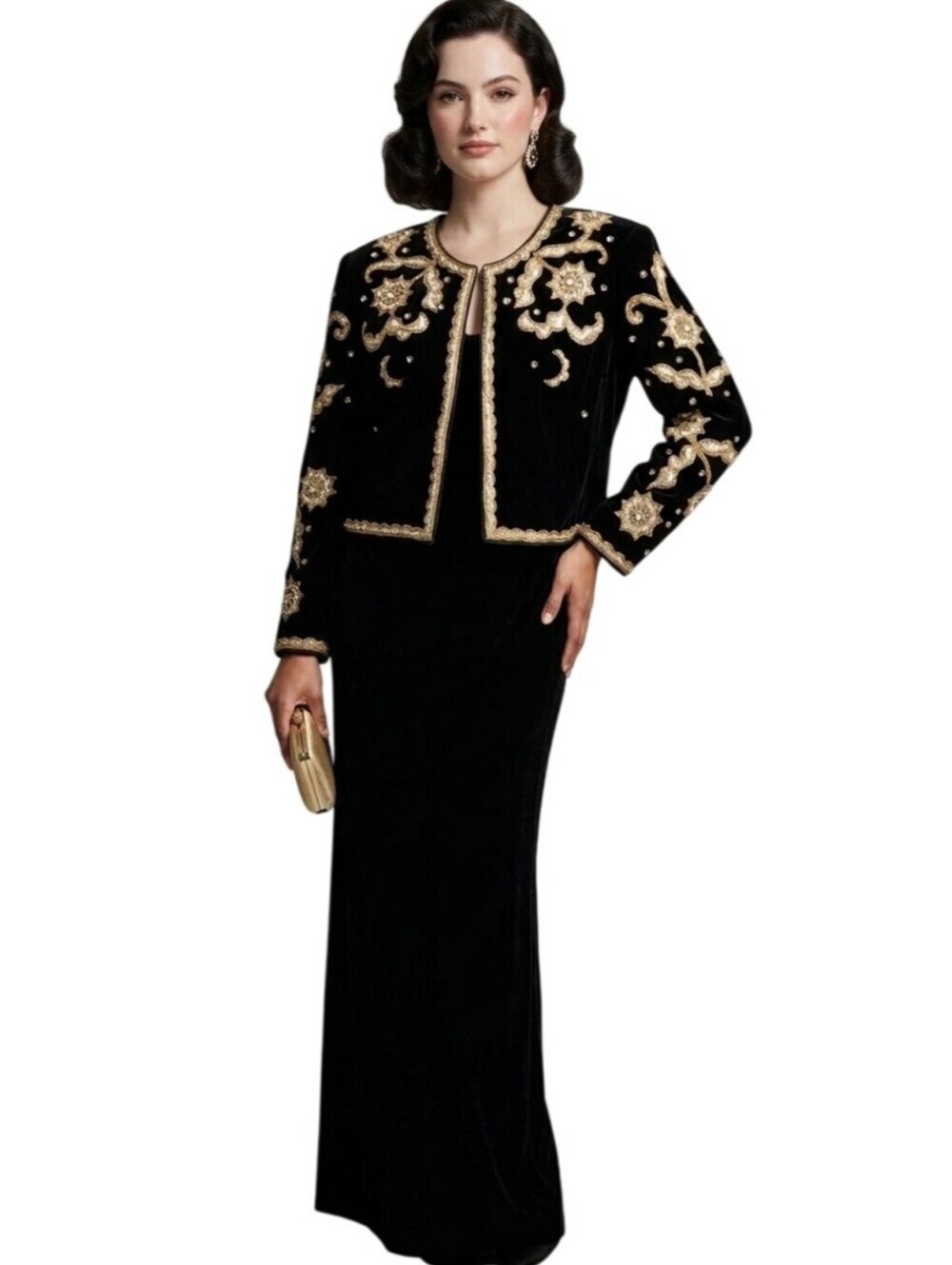 Vintage Alyce Designs Black Velvet Gold Beaded Maxi Dress And Jacket Size 16